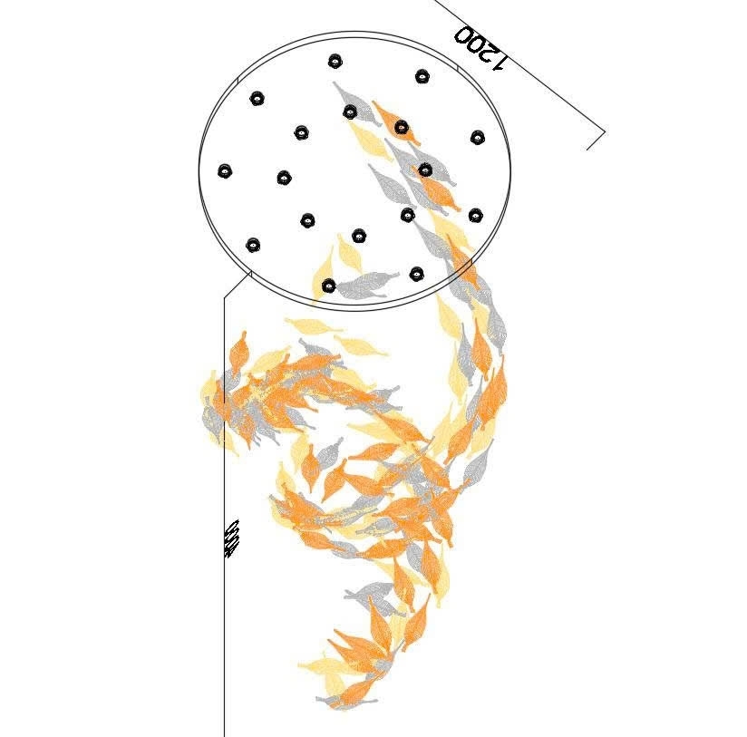 Đèn thông tầng dimmer lá lông vũ cao cấp PL045 gồm mâm inox tròn gương trắng, 17 đèn dimmer D40, 150 lá lông vũ trắng lẫn và lá hổ phách, KT(mm): D1200 x H4000